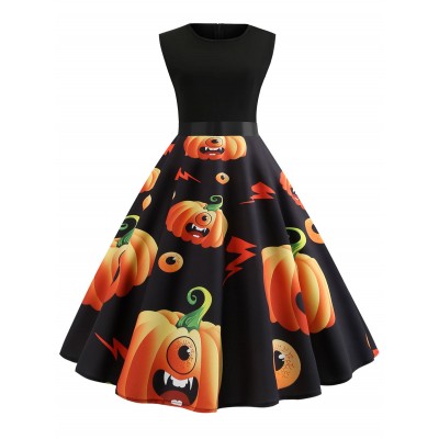 Halloween Pumpkin Print Pin Up Dress - Black